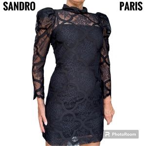 Sandro Paris “Coeur” black lace high neck mini long sleeve dress S 38EU=4/6 US